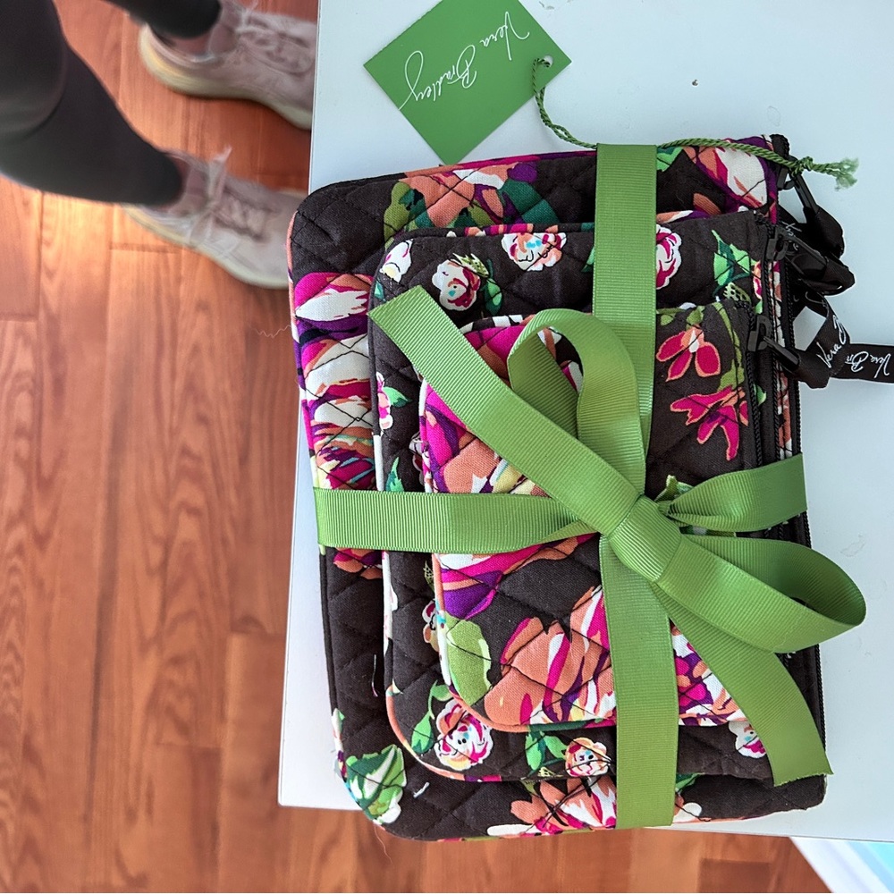 Vera Bradley Brown and Pink Floral Cosmetic Bag Set